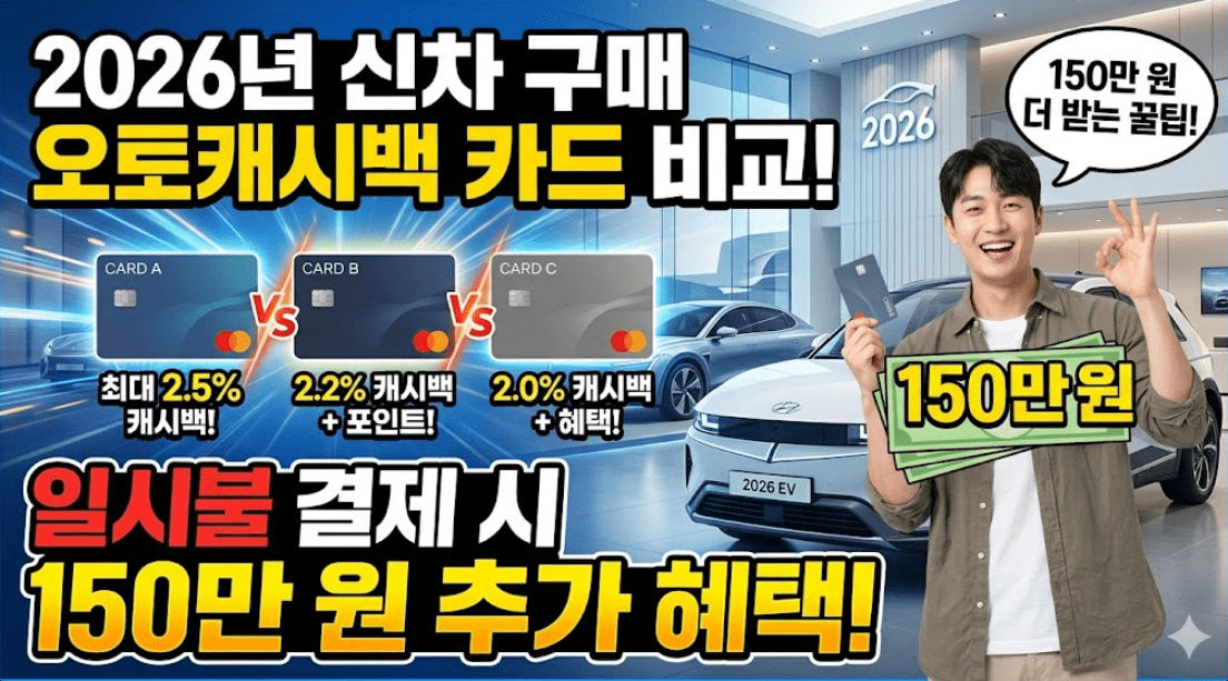 2026년 신차 구매 오토캐시백 카드 비교 일시불 결제 시 150만 원 더 받는 꿀팁